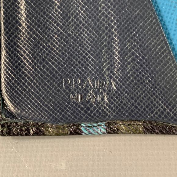 PRADA Green Blue Yellow Plaid Saffiano Leather Card Case Wallet - Picture 4 of 4